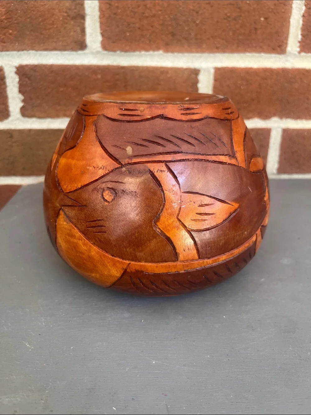 Vintage Hand-Carved Turned Wood Bowl Warm Brown Finish with Fish & Floral Design